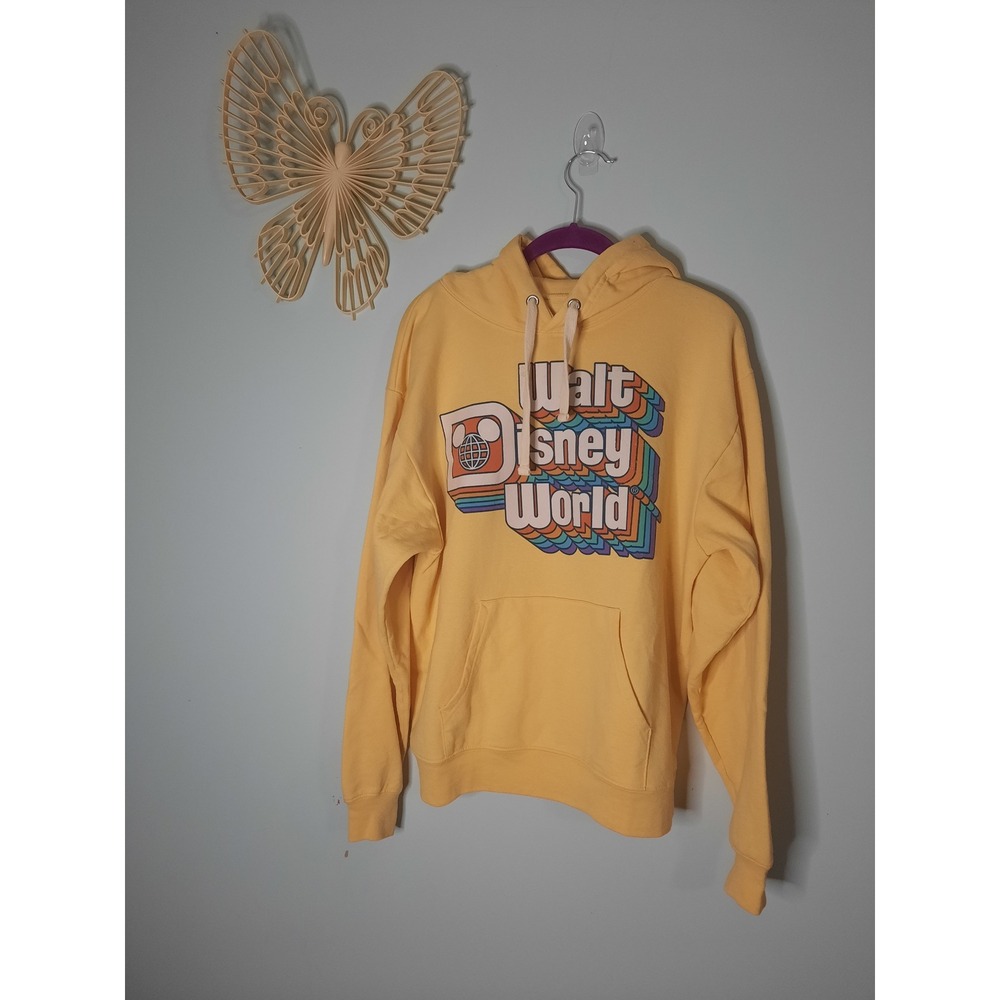 Walt Disney World Hoodie Yellow Retro Rainbow Graphic Fleece Sweatshirt Medium